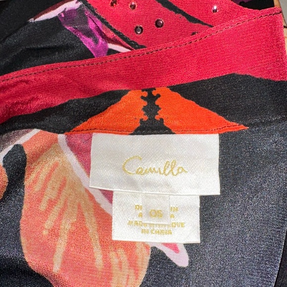 CAMILLA “Midnight Poppy” black floral silk short boho kimono caftan OS no belt - Picture 11 of 11